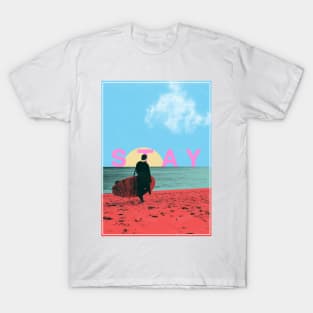 Stay Man On Beach With Surfboard Graphic Art T-Shirt